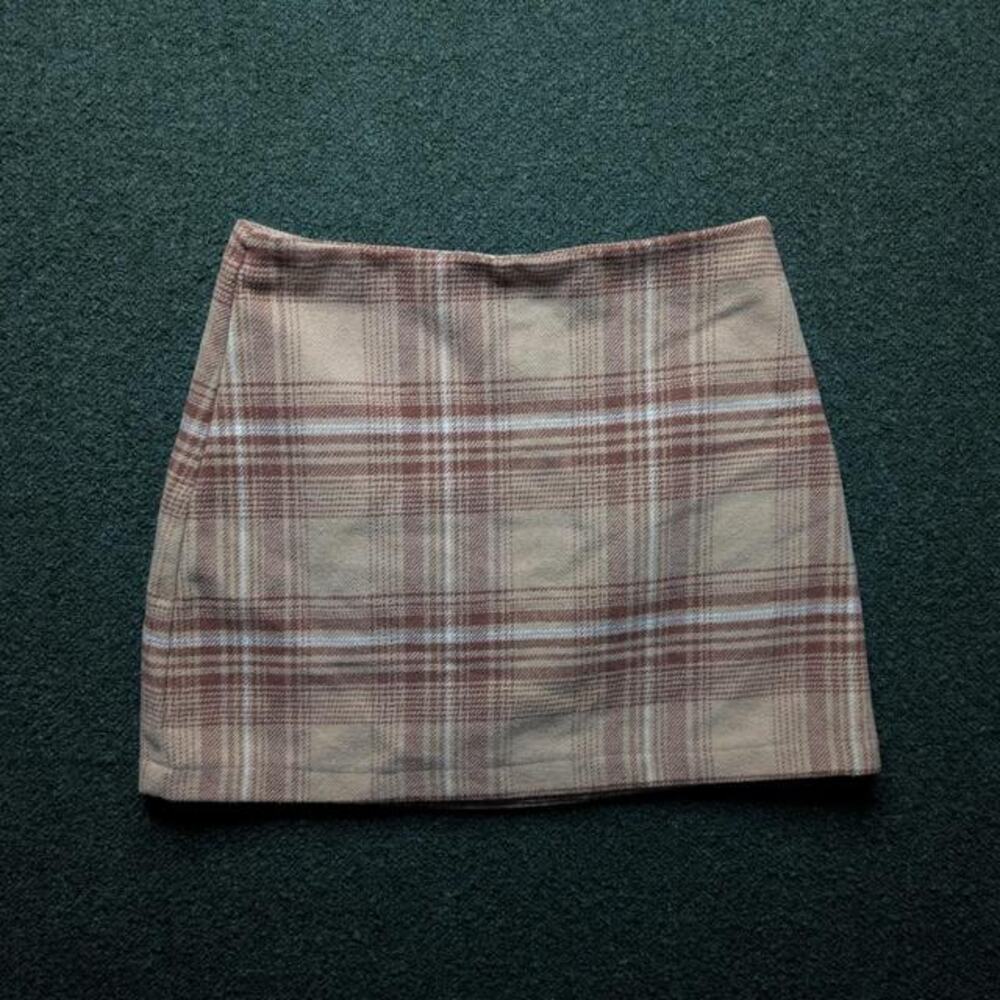 FOREVER 21 Womens Plaid Mini Skirt A-Line Side Zip Lined Beige Brown Tan L